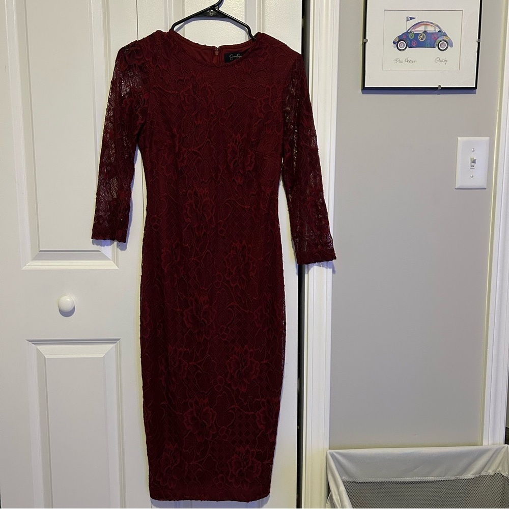 Jessica Simpson Red Bodycon Dress with Bishop Sleeves - Picture 3 of 6